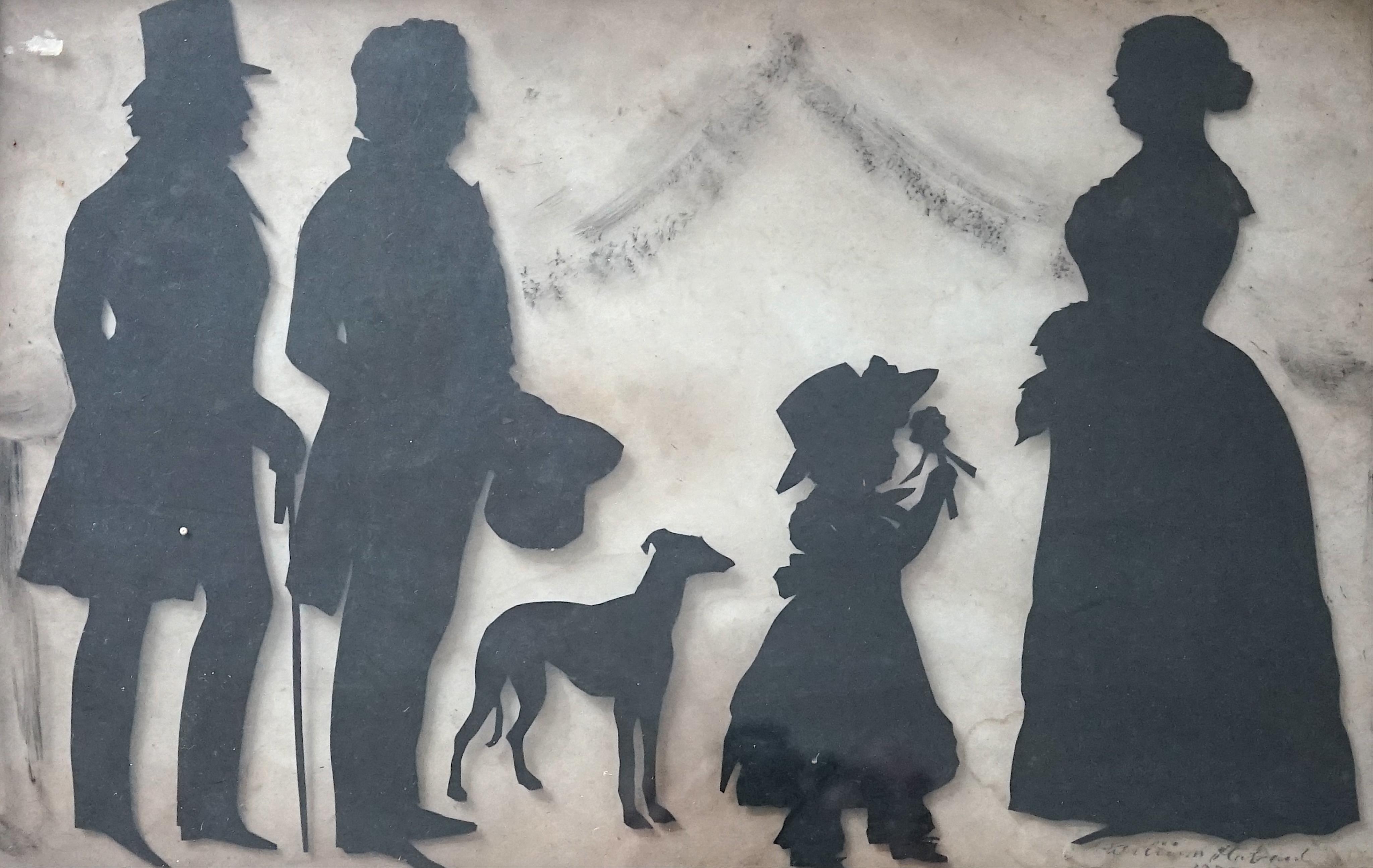 Hubbard Gallery, Family group of two gentleman, a dog, a child and a lady, cut paper silhouette on glass, 23 x 36cm